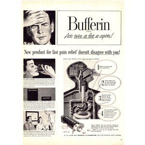 1950 Bufferin Antacid Analgesic Pain Reliever Vintage Print Ad 50s Wall Art